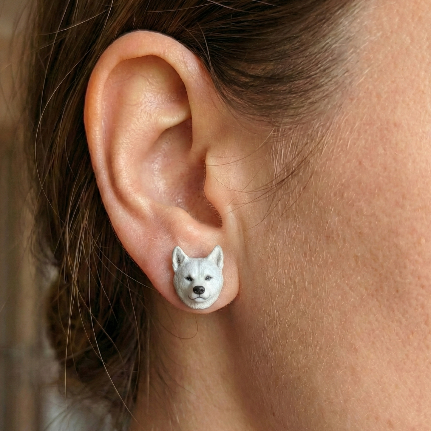 White Husky Earrings, Custom Resin Stud Earrings