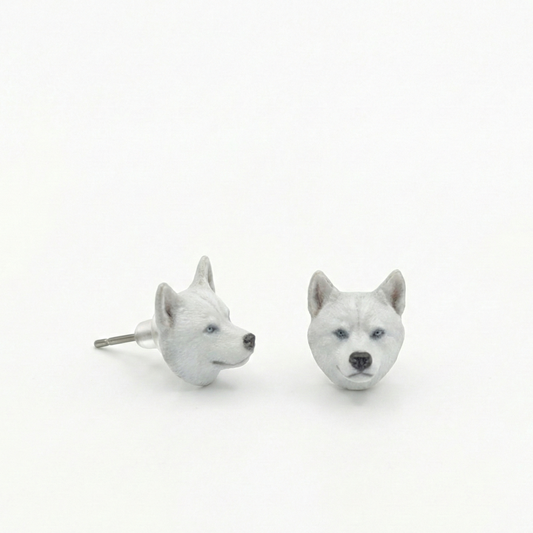 White Husky Earrings, Custom Resin Stud Earrings